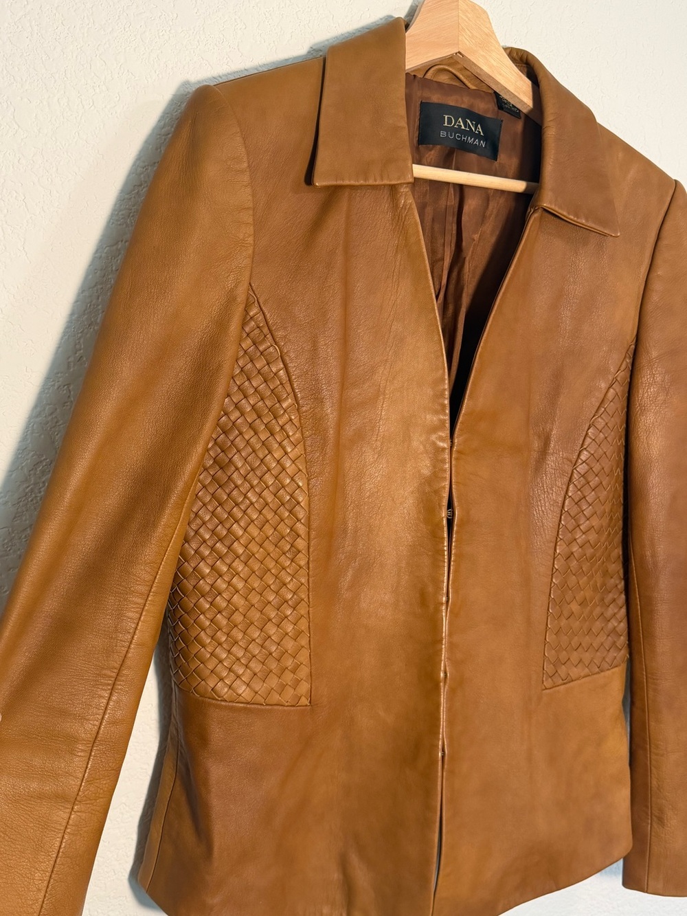 Leather Cognac Woven Blazer Jacket size 10 - Picture 2 of 10